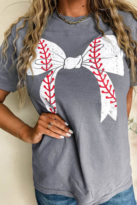 Gray Baseball Bowknot Graphic Casual Tee Gray Baseball Bowknot Graphic Casual Tee