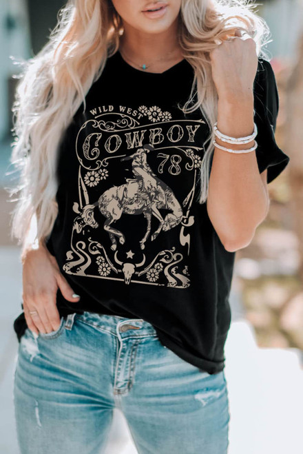 Black Western COWBOY 78 Graphic Crew Neck T Shirt Black Western COWBOY 78 Graphic Crew Neck T Shirt