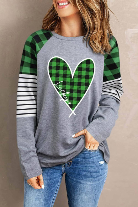 Green Lucky Plaid Heart Striped Color Block Long Sleeve Top Green Lucky Plaid Heart Striped Color Block Long Sleeve Top