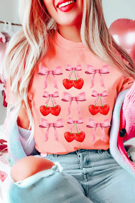 Pink Bow Cherry Print Crew Neck Casual T Shirt Pink Bow Cherry Print Crew Neck Casual T Shirt