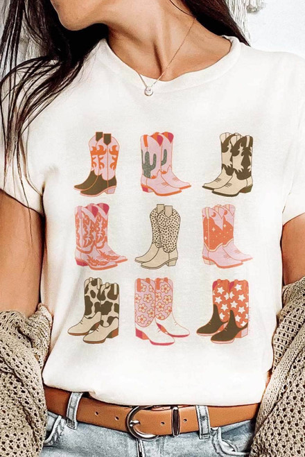 White Western Cowboy Boots Print Round Neck T Shirt White Western Cowboy Boots Print Round Neck T Shirt