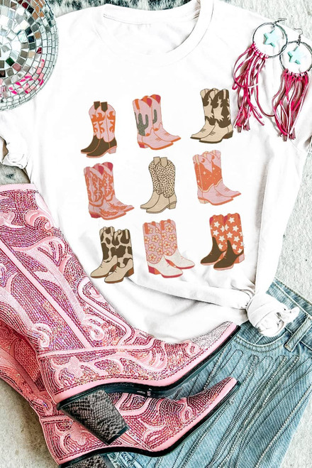 White Western Cowboy Boots Print Round Neck T Shirt White Western Cowboy Boots Print Round Neck T Shirt