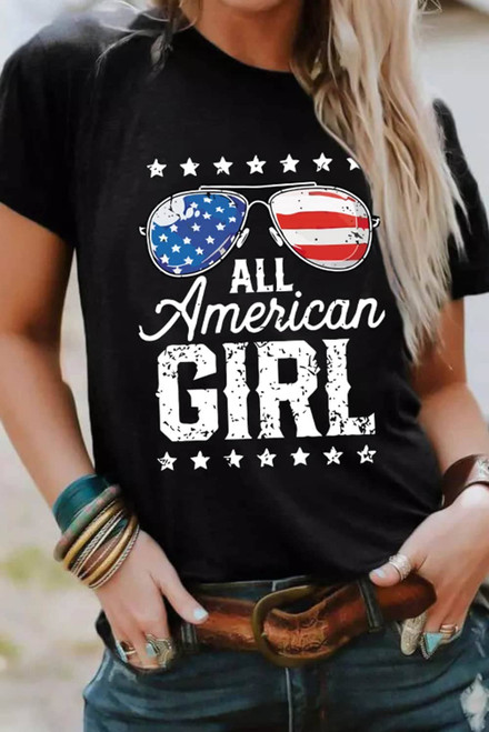 Black Stars and Stripes Glasses Slogan Graphic T Shirt Black Stars and Stripes Glasses Slogan Graphic T Shirt