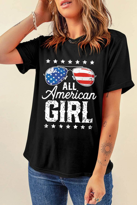 Black Stars and Stripes Glasses Slogan Graphic T Shirt Black Stars and Stripes Glasses Slogan Graphic T Shirt
