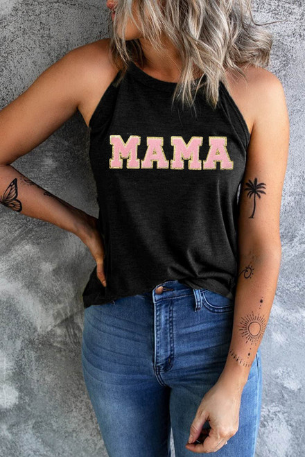 Black MAMA Chenille Patched O Neck Tank Top Black MAMA Chenille Patched O Neck Tank Top