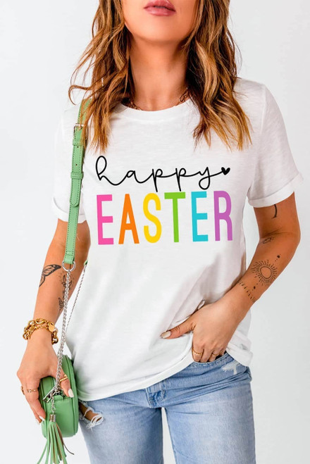 White Happy EASTER Round Neck Graphic Tee