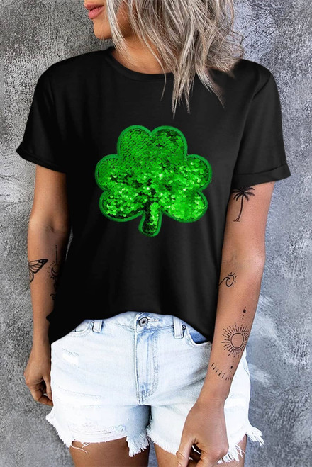 Black Sequin Clover Embroidered Round Neck Graphic Tee Black Sequin Clover Embroidered Round Neck Graphic Tee