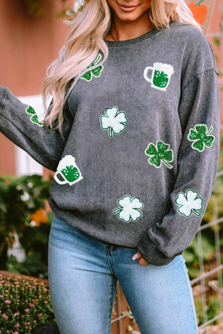 Gray Sequined Clover St Patrick Graphic Corded Sweatshirt Gray Sequined Clover St Patrick Graphic Corded Sweatshirt