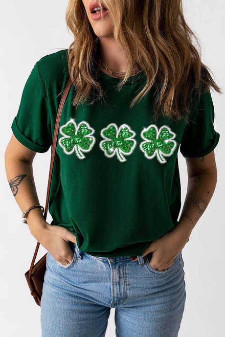 Green St Patrick Clover Patch Sequin Graphic T-shirt Green St Patrick Clover Patch Sequin Graphic T-shirt