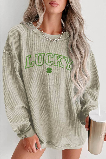 Green LUCKY Clover Embroidered Corded Crewneck Sweatshirt Green LUCKY Clover Embroidered Corded Crewneck Sweatshirt