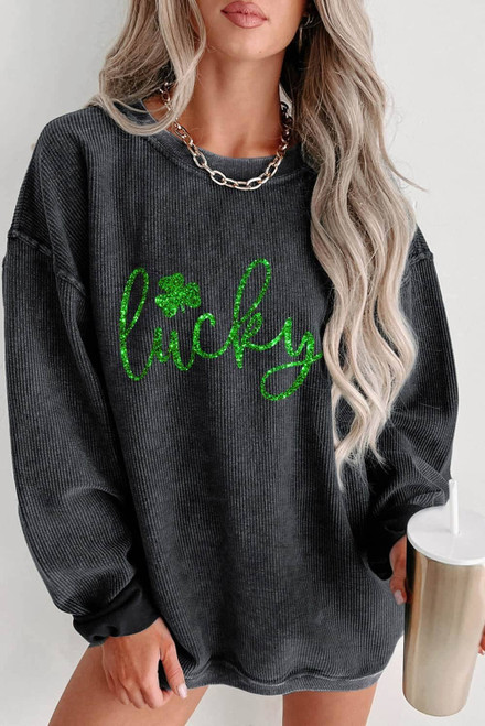 Black Shiny Lucky Clover Corded Drop Shoulder Sweatshirt Black Shiny Lucky Clover Corded Drop Shoulder Sweatshirt