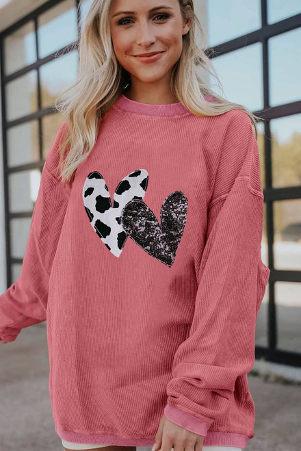 Strawberry Pink Leopard Sequin Heart Graphic Corded Sweatshirt Strawberry Pink Leopard Sequin Heart Graphic Corded Sweatshirt