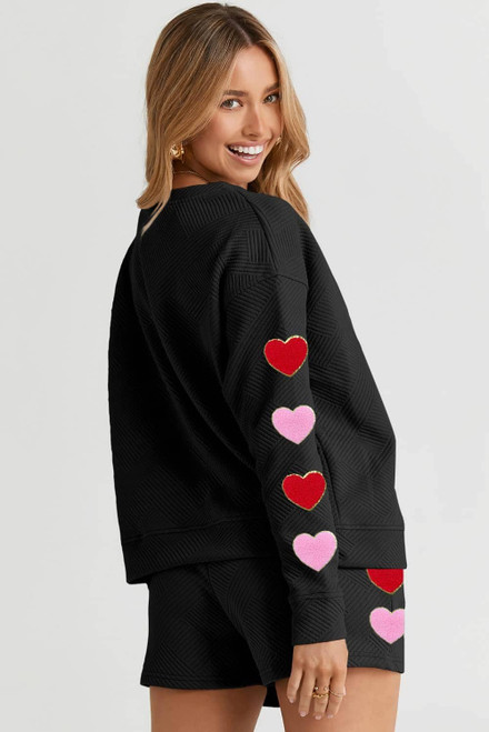 Black Heart Patch Long Sleeve Top and Shorts Textured 2pcs Set