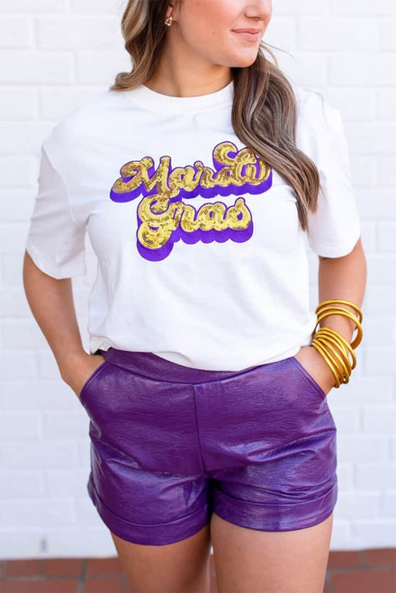 White Mardi Gras Sequin Graphic T-shirt White Mardi Gras Sequin Graphic T-shirt