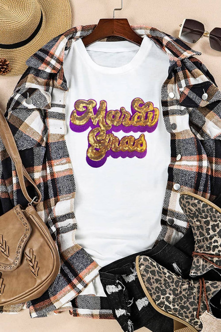 White Mardi Gras Sequin Graphic T-shirt White Mardi Gras Sequin Graphic T-shirt