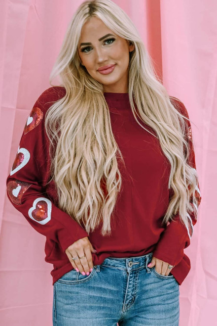 Red Sequined Heart Printed Sleeves Valentine Fashion Top Red Sequined Heart Printed Sleeves Valentine Fashion Top