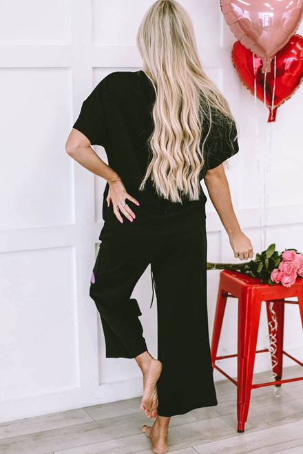 Black Sequin Heart Popping Graphic Textured 2pcs Outfit Black Sequin Heart Popping Graphic Textured 2pcs Outfit