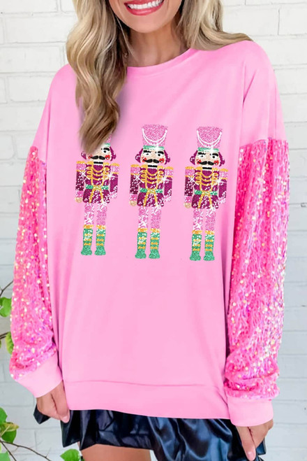 Pink Christmas Nutcracker Graphic Sequin Sleeve Sweatshirt Pink Christmas Nutcracker Graphic Sequin Sleeve Sweatshirt
