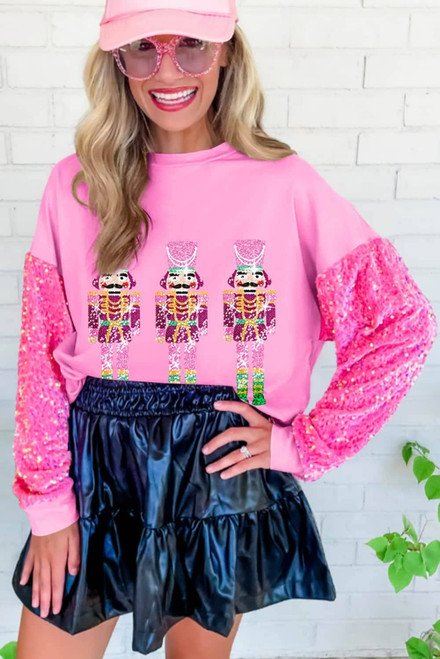 Pink Christmas Nutcracker Graphic Sequin Sleeve Sweatshirt Pink Christmas Nutcracker Graphic Sequin Sleeve Sweatshirt