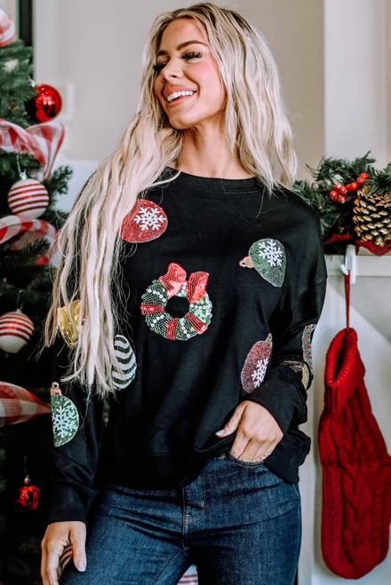 Black Sequined Christmas Graphic Pullover Sweatshirt Black Sequined Christmas Graphic Pullover Sweatshirt