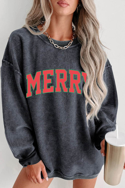 Gray MERRY Graphic Corded Pullover Sweatshirt Gray MERRY Graphic Corded Pullover Sweatshirt
