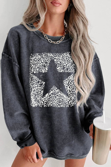 Gray Leopard Star Graphic Corded Sweatshirt Gray Leopard Star Graphic Corded Sweatshirt