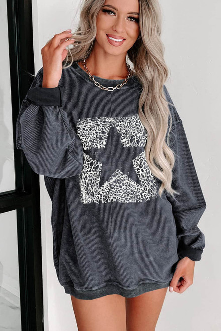 Gray Leopard Star Graphic Corded Sweatshirt Gray Leopard Star Graphic Corded Sweatshirt
