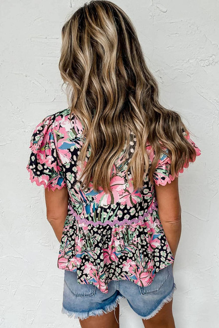 Pink Ricrac Floral Tiered Short Sleeve Blouse Pink Ricrac Floral Tiered Short Sleeve Blouse