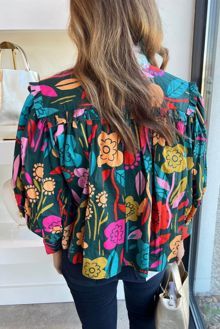 Green Floral Knot Split Neck Puff Sleeve Blouse Green Floral Knot Split Neck Puff Sleeve Blouse