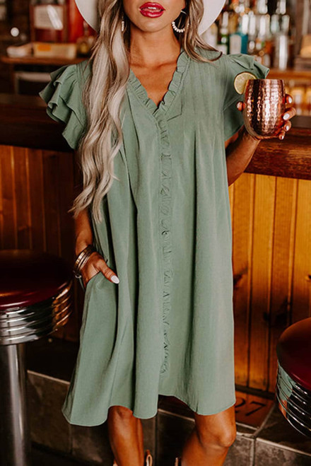 Mist Green Ruffle Sleeve V Neck Frilled Shift Dress Mist Green Ruffle Sleeve V Neck Frilled Shift Dress