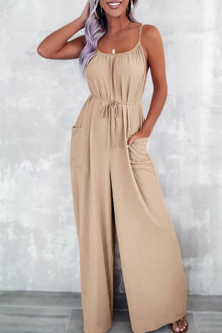 Apricot Spaghetti Straps Waist Tie Wide Leg Jumpsuit with Pockets Apricot Spaghetti Straps Waist Tie Wide Leg Jumpsuit with Pockets