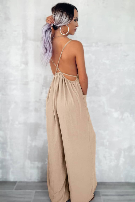 Apricot Spaghetti Straps Waist Tie Wide Leg Jumpsuit with Pockets Apricot Spaghetti Straps Waist Tie Wide Leg Jumpsuit with Pockets