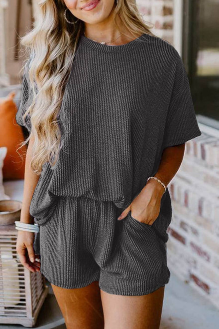 Carbon Grey Ribbed Textured Knit Loose Fit Tee and Shorts Set Carbon Grey Ribbed Textured Knit Loose Fit Tee and Shorts Set