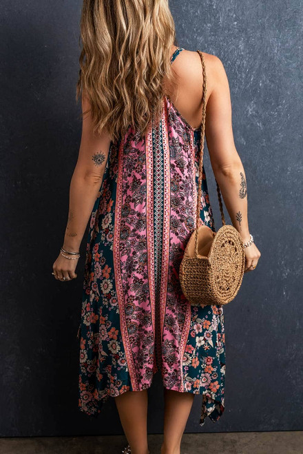 Pink Bohemian Floral Patchwork Print Long Sundress Pink Bohemian Floral Patchwork Print Long Sundress