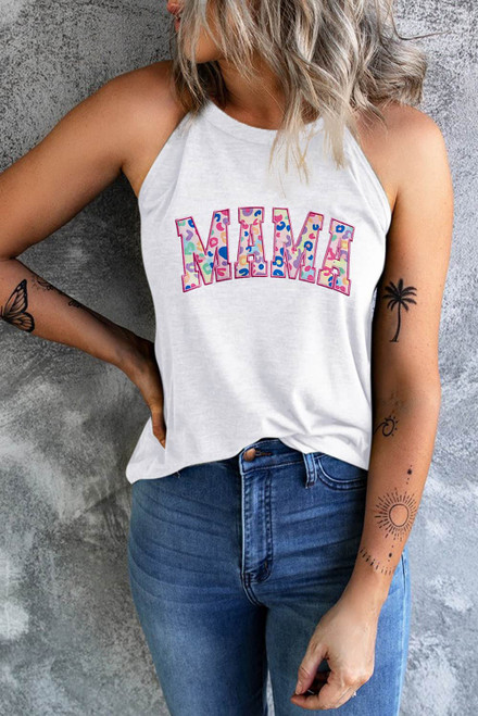 White Chic Leopard MAMA Letter Embroidered Tank Top