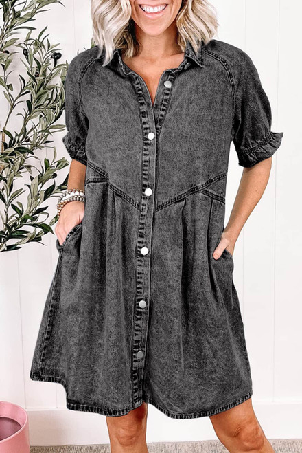 Medium Grey Mineral Wash Ruffled Short Sleeve Buttoned Denim Dress Medium Grey Mineral Wash Ruffled Short Sleeve Buttoned Denim Dress