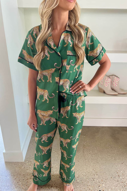 Green Cheetah Print Short Sleeve Shirt and Pants Pajama Set