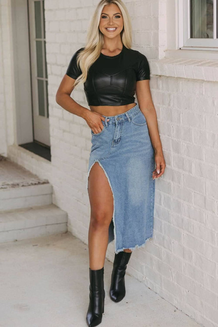 Light Blue Frayed Slit Asymmetric Denim Midi Skirt Light Blue Frayed Slit Asymmetric Denim Midi Skirt