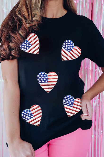 Black Sequined American Flag Heart Graphic T Shirt