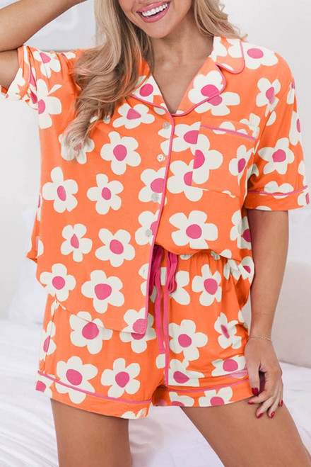 Orange Flower Print Short Sleeve Shirt Pajamas Set Orange Flower Print Short Sleeve Shirt Pajamas Set
