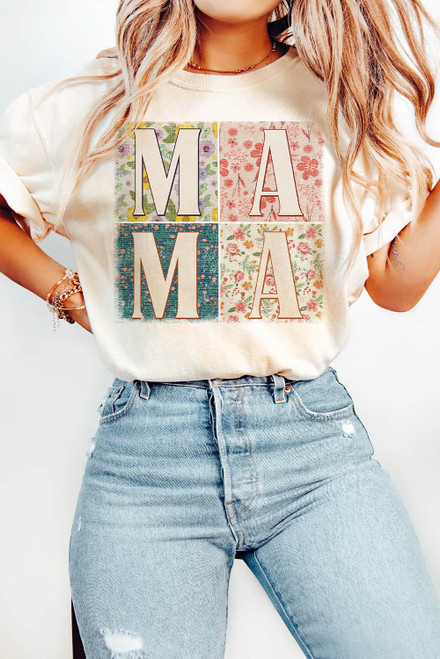 White MAMA Floral Block Graphic Casual T Shirt