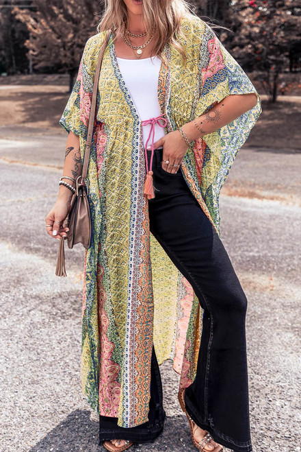 Pink Retro Printed Boho Duster Kimono