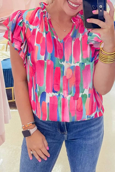 Rose Abstract Brush Print Ruffled Sleeve Frill V Neck Blouse Rose Abstract Brush Print Ruffled Sleeve Frill V Neck Blouse
