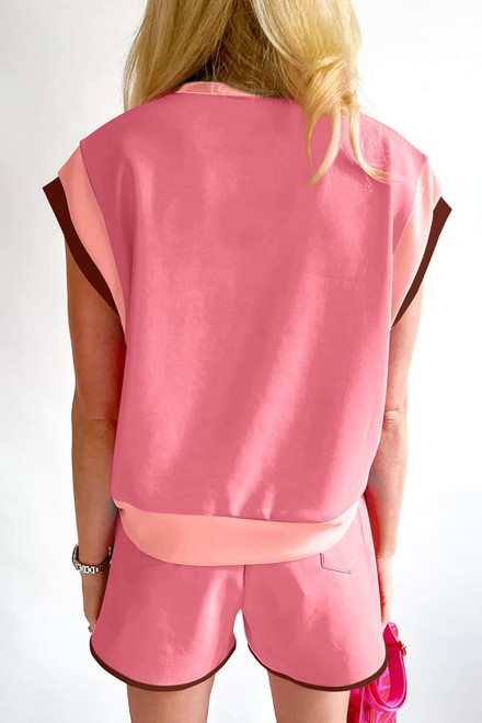 Peach Blossom Contrast Trim Cap Sleeve Tee Shorts Set Peach Blossom Contrast Trim Cap Sleeve Tee Shorts Set