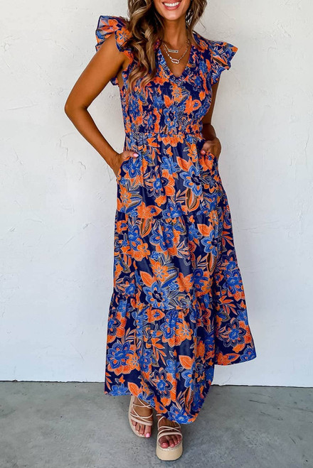 Dark Blue Boho Floral V Neck Ruffle Tiered Long Dress Dark Blue Boho Floral V Neck Ruffle Tiered Long Dress
