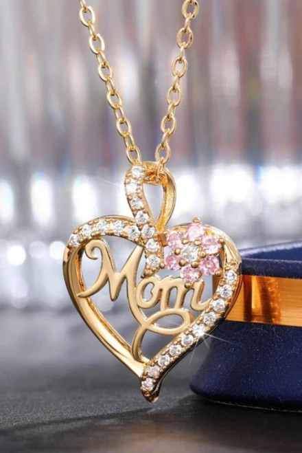 Gold Mom Rhinestone Flower Hollow-out Heart Necklace Gold Mom Rhinestone Flower Hollow-out Heart Necklace