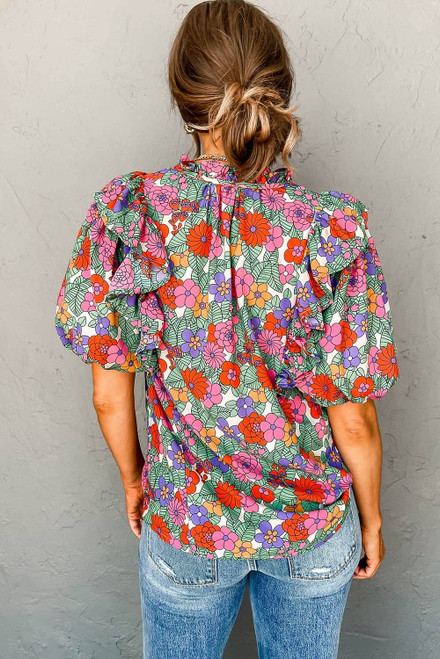 Red Floral Tie Split Neck Ruffle Puff Sleeve Blouse Red Floral Tie Split Neck Ruffle Puff Sleeve Blouse
