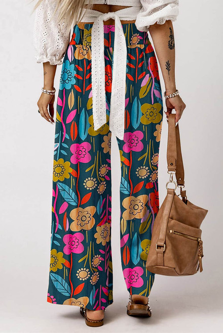 Green Floral Smocked Waist Loose Pants
