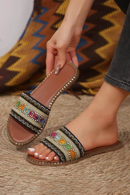 Chestnut Bohemian Pattern Crochet Faux Leather Beach Slippers Chestnut Bohemian Pattern Crochet Faux Leather Beach Slippers