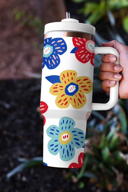 White Flower Pattern Stainless Vacuum Cup with Handle 40oz White Flower Pattern Stainless Vacuum Cup with Handle 40oz